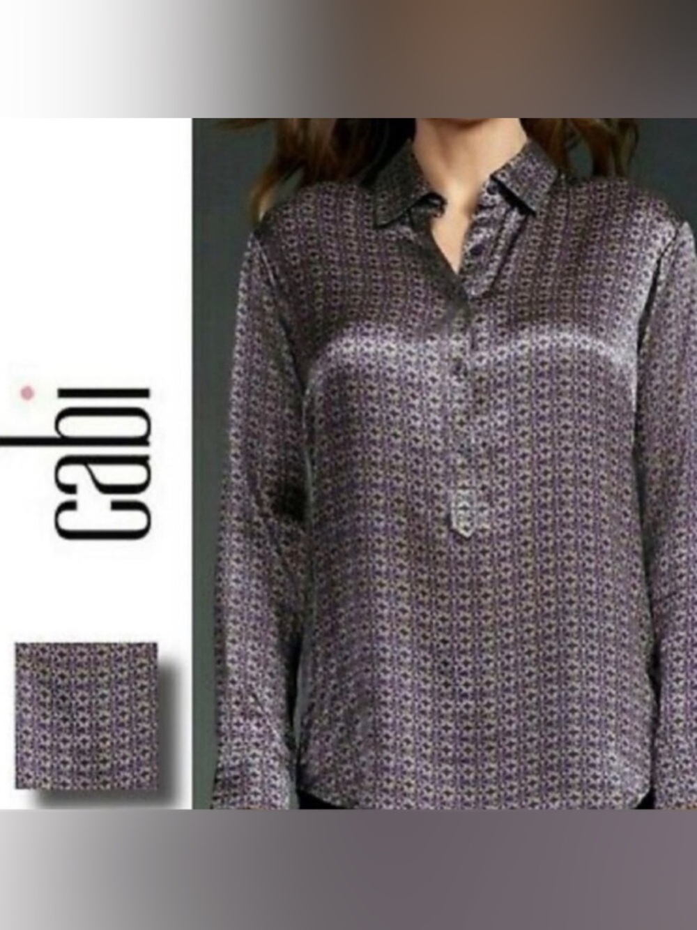 Cabi 70's Geometric Long Sleeve Button 100% Silk Purple Green Blouse Top Women M
